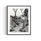 Black and white linocut of a garden scene with a bridge and trees and stream. by asheville artist erika busse framed